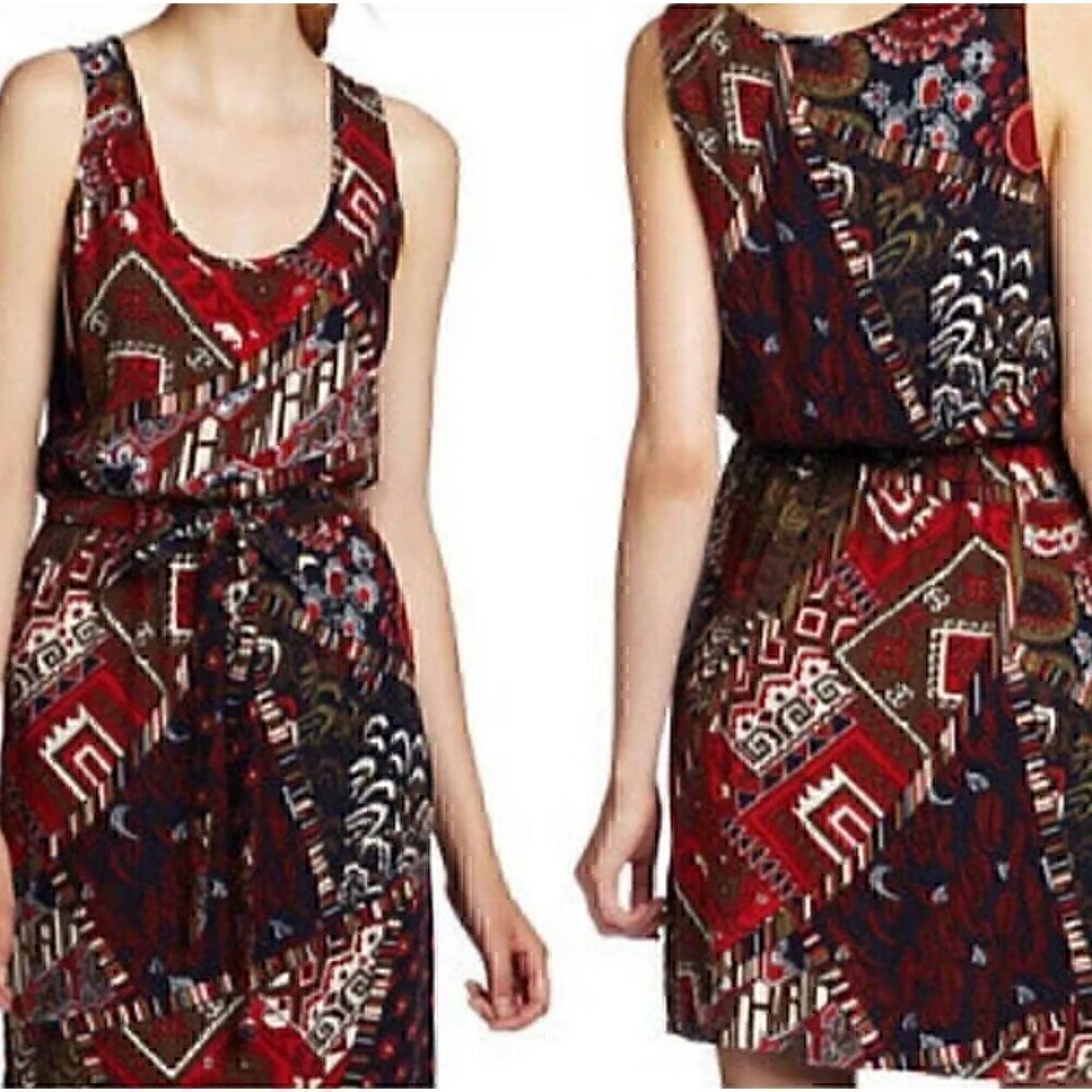 Grunge Patchwork Geometric Print Paisley Dress Small Belted whimsigoth